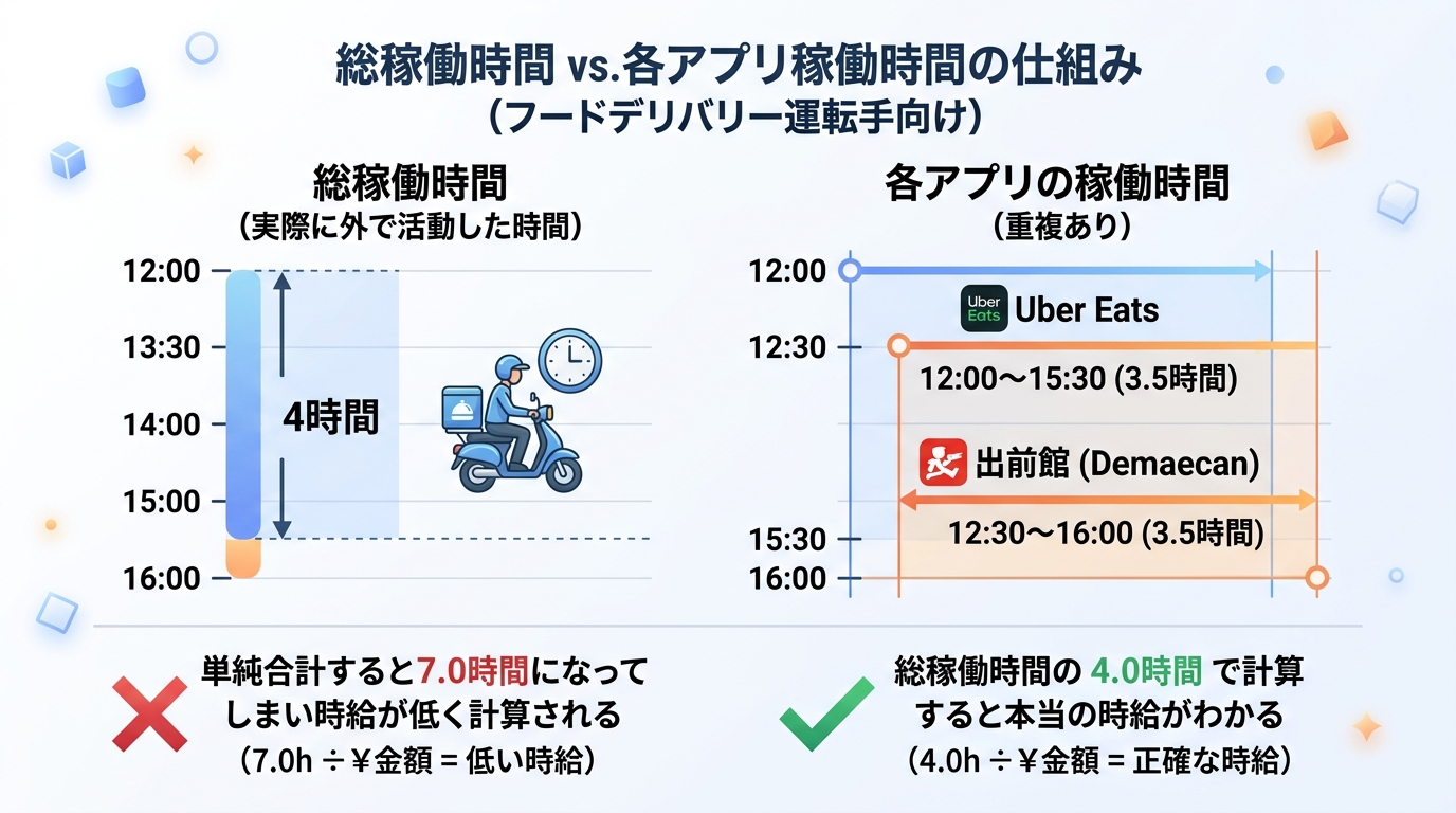 総稼働時間と各アプリ稼働時間の仕組み図解